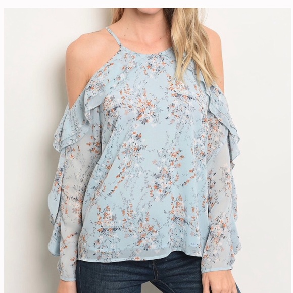 Tops - LIGHT BLUE RUFFLED FLORAL COLD SHOULDER TOP SIZE S